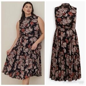 TORRID 0 Black Dark Floral Midi Gauze Smocked Mock Neck Sleeveless Dress Large